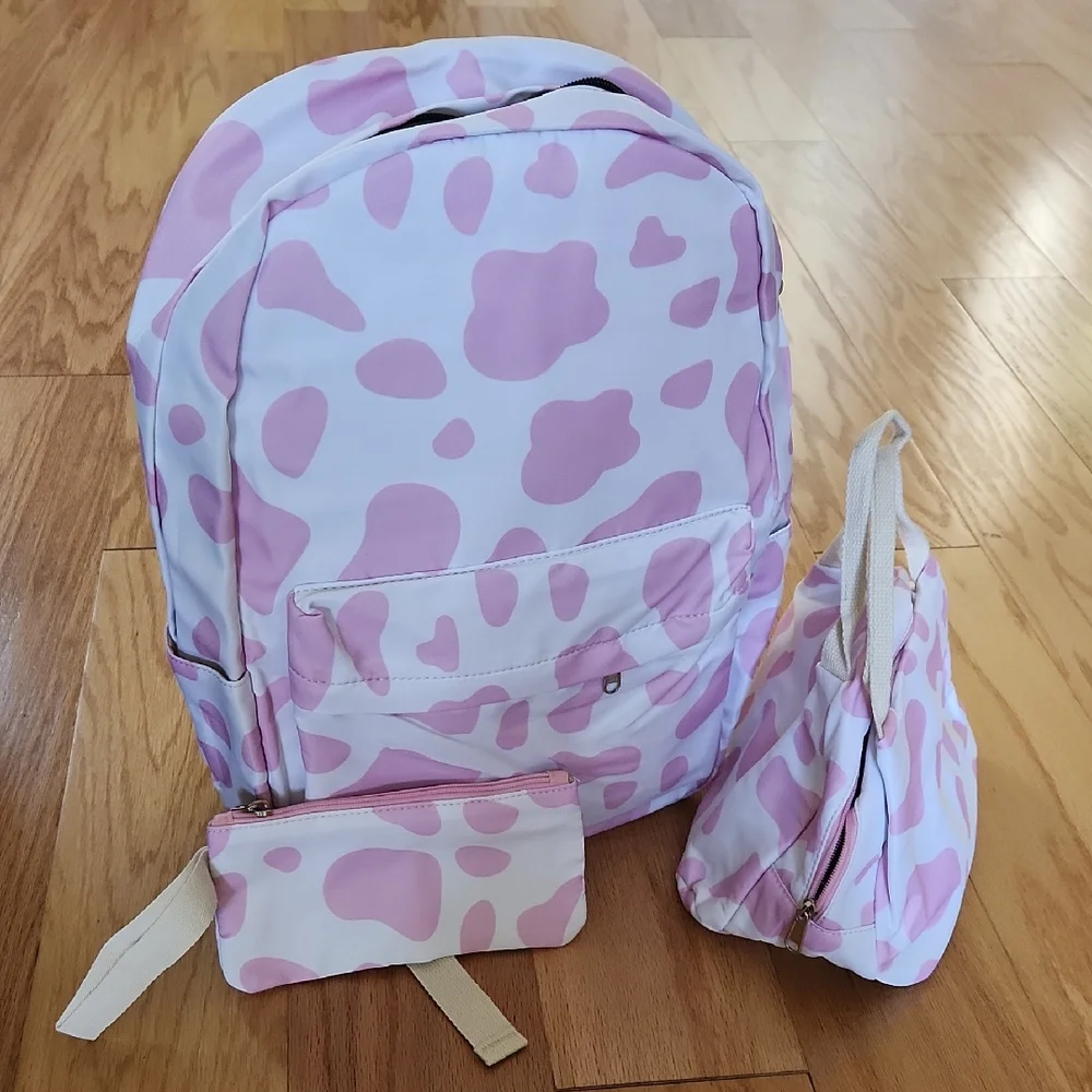 NWOT Chic Pink and White Kids Backpack Set With Insulated Lunch Bag, Pencil Case